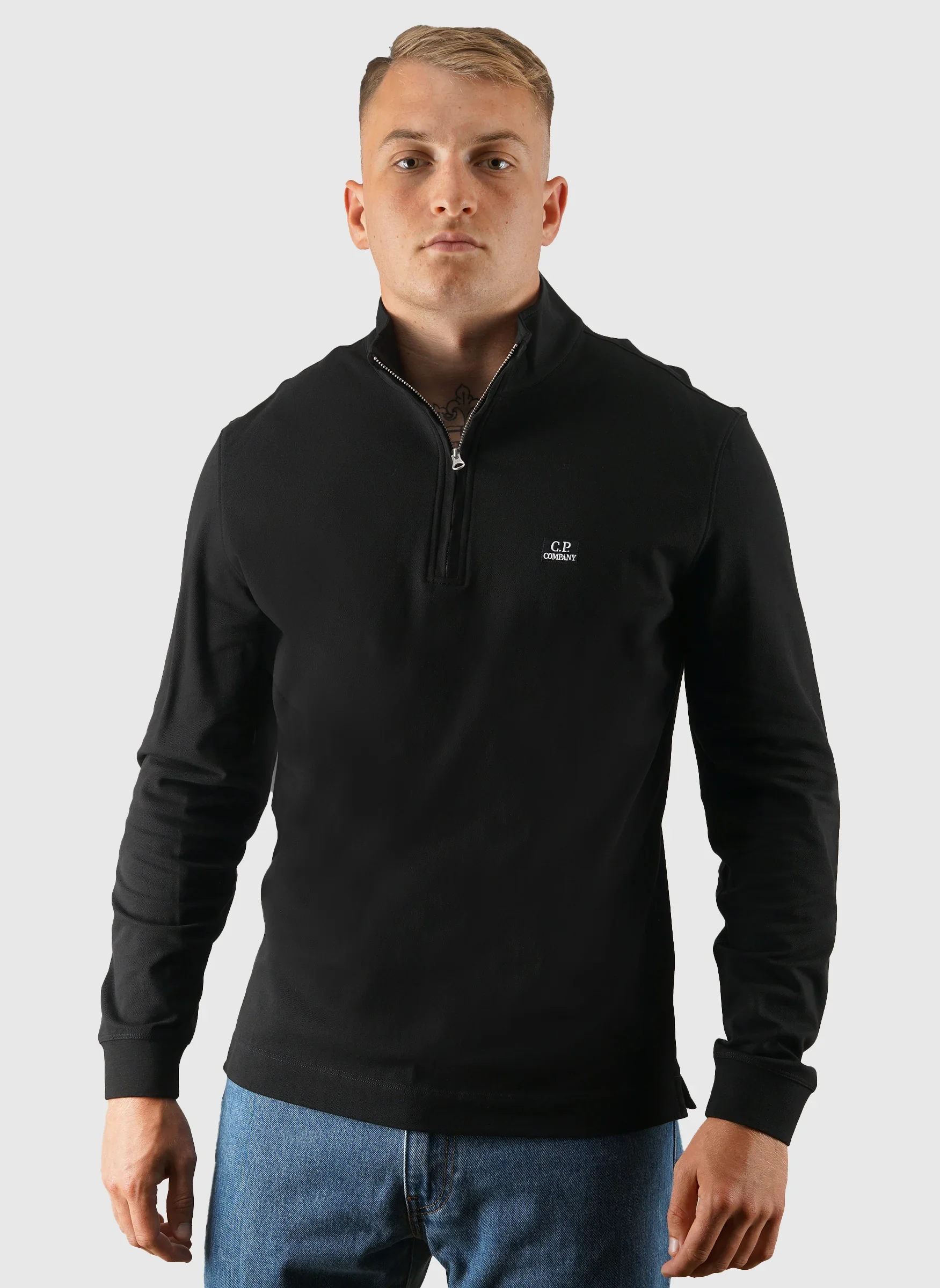 Stretch Piquet 1/2 Zip Long Sleeve Polo - Black